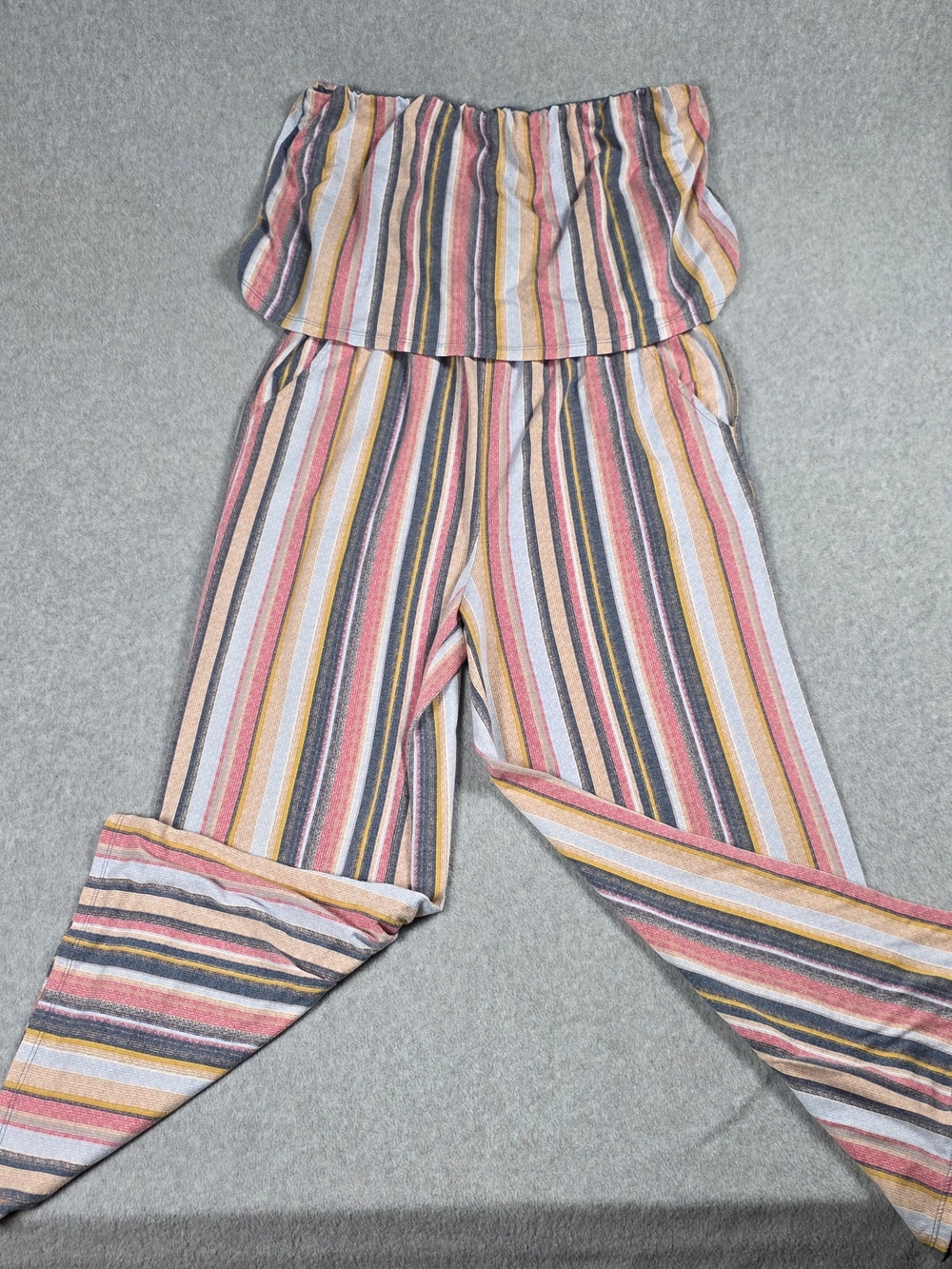 Bebop Multi-Stripe Strapless Jumpsuit - Pink/Yellow/Gray